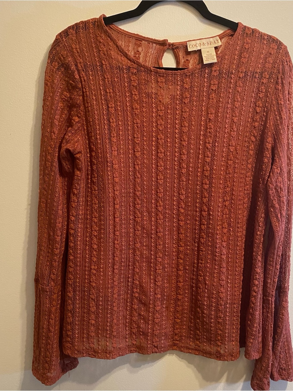 Coco & Sea Rust Lace-Textured Long-Sleeve Blouse